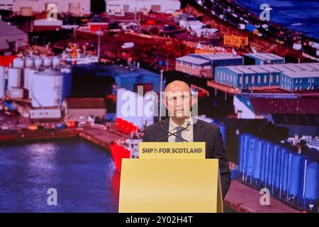 Edinburgh, Vereinigtes Königreich, 31. August 2024. Stephen Flynn, Vorsitzender der SNP bei Westminster, hält die Keynote-Rede vor einem voll bepackten Auditorium auf der Parteikonferenz 2024 am Samstag. Quelle: Brian Wilson/Alamy Live News Stockfoto