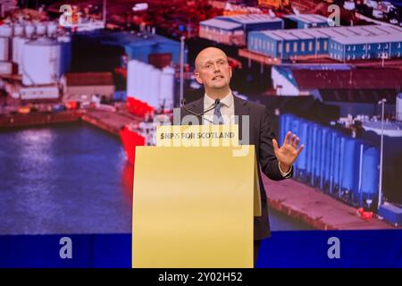 Edinburgh, Vereinigtes Königreich, 31. August 2024. Stephen Flynn, Vorsitzender der SNP bei Westminster, hält die Keynote-Rede vor einem voll bepackten Auditorium auf der Parteikonferenz 2024 am Samstag. Quelle: Brian Wilson/Alamy Live News Stockfoto