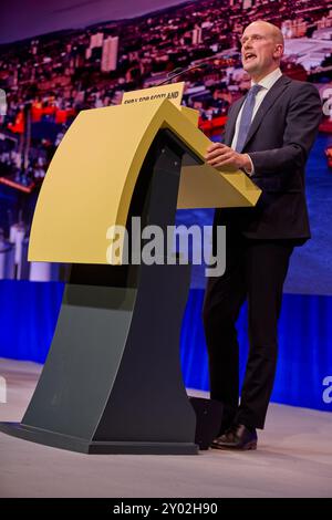 Edinburgh, Vereinigtes Königreich, 31. August 2024. Stephen Flynn, Vorsitzender der SNP bei Westminster, hält die Keynote-Rede vor einem voll bepackten Auditorium auf der Parteikonferenz 2024 am Samstag. Quelle: Brian Wilson/Alamy Live News Stockfoto