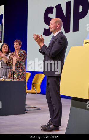 Edinburgh, Vereinigtes Königreich, 31. August 2024. Stephen Flynn, Vorsitzender der SNP bei Westminster, hält die Keynote-Rede vor einem voll bepackten Auditorium auf der Parteikonferenz 2024 am Samstag. Quelle: Brian Wilson/Alamy Live News Stockfoto