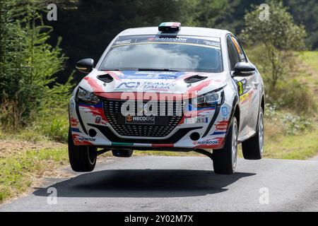 Aberystwyth, Dyfed, Großbritannien. 31. August 2024. 2024 FIA Rallyemeisterschaft Tag 2; Fahrer Davide Pesavento und Beifahrer Flavio Zanella in ihrer Peugeot 208 Rally4 durch Nant Y Moch Stufe 5. Credit: Action Plus Sports/Alamy Live News Stockfoto