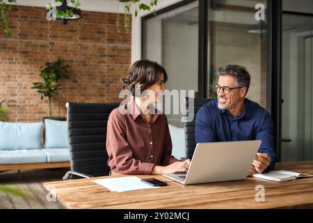 Zwei zufriedene, geschäftliche Mitarbeiter im professionellen Team arbeiten zusammen an einem Laptop. Stockfoto