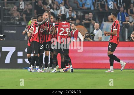 Stadio Olimpico, Rom, Italien. 31. August 2024. Italienischer Fußball der Serie A; Lazio gegen AC Milan; Strahinja Pavlovic vom AC Milan feiert nach dem Tor 0-1 in der 8. Minute Credit: Action Plus Sports/Alamy Live News Stockfoto