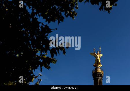 31.08.2024: Strahlt im Sonnenlicht: Die vergoldete Bronzeskulptur Viktoria auf der Berliner Siegessäule. Die Siegessäule auf dem Großen Stern im Tiergarten gehört zu den bedeutendsten Nationaldenkmälern Deutschlands und zählt neben dem Brandenburger Tor zu einer der beliebtesten Sehenswürdigkeiten Berlins. Berlin großer Stern Berlin Deutschland *** 31 08 2024 im Sonnenlicht glitzernd die vergoldete Bronzeskulptur der Victoria auf der Berliner Siegessäule die Siegessäule auf dem Großen Stern im Tiergarten zählt zu den bedeutendsten Nationaldenkmälern Deutschlands und ist neben dem Brandenburger Tor auch ein bedeutendes Nationaldenkmal. Stockfoto