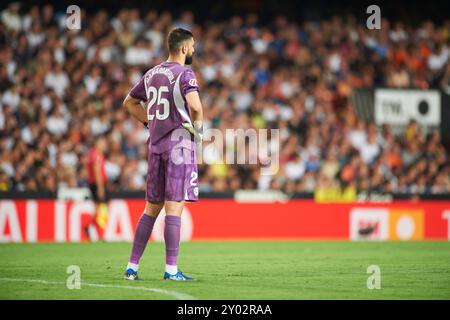 Giorgi Mamardashvili von Valencia CF wurde während des Spiels zwischen Valencia CF und Villareal FC im Mestalla Stadion gesehen. Endergebnis; Valencia CF Stockfoto
