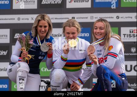 PAL Arinsal, Andorra: August 30 2024: Valentina Hoff von ÖSTERREICH, Tahnee Seagrave von GROSSBRITANNIEN und Myriam Nicole von FRANKREICH Myriam Nicole von FRAN Stockfoto