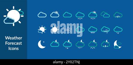 Symbolgruppe Wettervorhersage. Vektorillustration der Symbolgruppe Wettervorhersage. Kontursymbole für Meteorologie. Stock Vektor