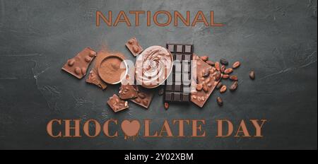 Banner für den National Chocolate Day mit leckerer Schokolade und Kakaopulver Stockfoto