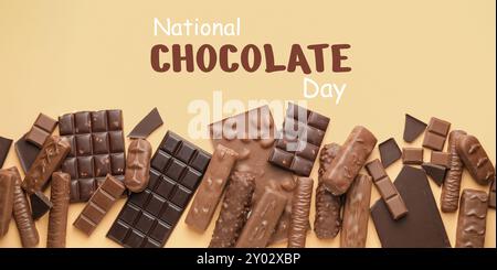 Banner für den National Chocolate Day mit leckerer Schokolade Stockfoto