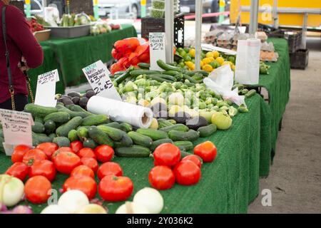 Ein Blick auf Tische voller Gemüsesorten, gesehen auf einem lokalen Bauernmarkt. Stockfoto