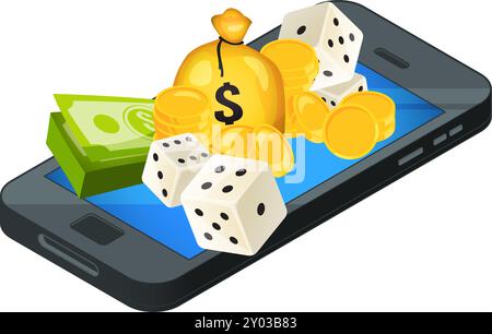 Cartoon-Symbol für mobile Casino-App. Smartphone mit Jackpot-Geld Stock Vektor