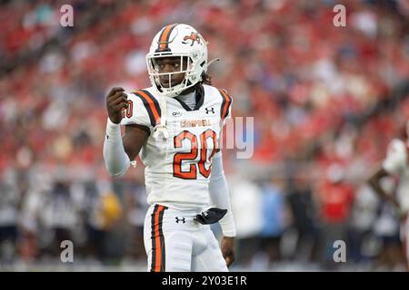 31. August 2024: Campbell Fighting Camels Cornerback Malik Willis (20) blickt während des NCAA-Fußballspiels zwischen den Campbell Fighting Camels und den Liberty Flames im Williams Stadium in Lynchburg, VA, auf die Bank. Jonathan Huff/CSM Stockfoto