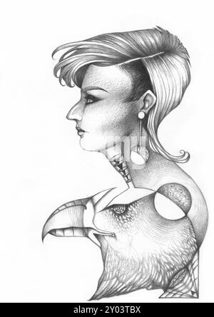 Graphit-Illustration einer Frau im Profil mit der Verschmelzung eines Adlers Stockfoto