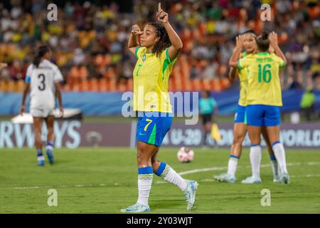 Medelin, Kolumbien. 31. August 2024. Natalia Vendito aus Brasilien feiert nach dem vierten Tor seiner Mannschaft beim Spiel der Gruppe B FIFA U-20-Frauen-Weltmeisterschaft Kolumbien 2024 zwischen Brasilien und Fidschi im Atanasio Girardot Stadion in Medelin am 31. August 2024. Foto: Jose Pino/DiaEsportivo/Alamy Live News Credit: DiaEsportivo/Alamy Live News Stockfoto