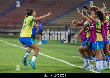 Medelin, Kolumbien. 31. August 2024. Gisele Vale aus Brasilien feiert, nachdem er am 31. August 2024 im Atanasio Girardot Stadion in Medelin das neunte Tor seines Teams beim Spiel der Gruppe B FIFA U-20-Frauen-Weltmeisterschaft Kolumbien 2024 erzielte. Foto: Jose Pino/DiaEsportivo/Alamy Live News Credit: DiaEsportivo/Alamy Live News Stockfoto