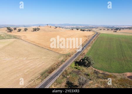 Aus der Vogelperspektive auf die ländliche Gegend um Canowindra mit Weizenfeldern und Feldfrüchten, während die Canowindra Road in der Landschaft verschwindet. Stockfoto