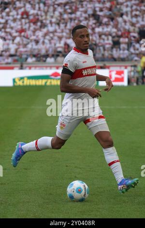 Jamie Leweling (VfB Stuttgart) - VfB Stuttgart - 1.FSV Mainz 05 Bundesliga Saison 2024 25, Spieltag 2, VfB Stuttgart - 1. FC Mainz 05. Deutschland, Stuttgart, MHP Arena, 30.08.2024 (DFL DFB-VORSCHRIFTEN VERBIETEN DIE VERWENDUNG VON FOTOS als IAMGE-SEQUENZEN und/oder QUASI-VIDEO). Foto EIBNER/Günter Hofer Stockfoto