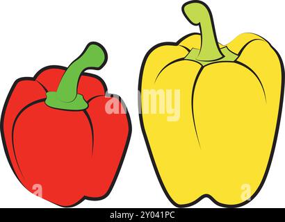 Set aus zwei Paprika in verschiedenen Farben, isoliert auf weißem Hintergrund. Rote und gelbe Paprika. Vektorabbildung Stock Vektor