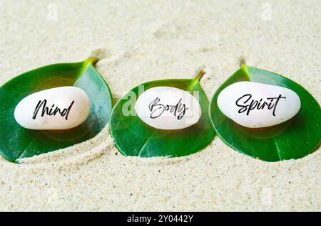 Text für Geist, Körper und Geist auf weißen Zen-Steinen mit Blatt- und Sandhintergrund. Geist, Körper und Geist Konzept. Stockfoto