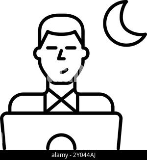Mann im Hemd, der am Laptop arbeitet und Mondsichel-Symbol. Kreativität und Produktivität bei Nacht. Pixel Perfect Vektor-Symbol Stock Vektor