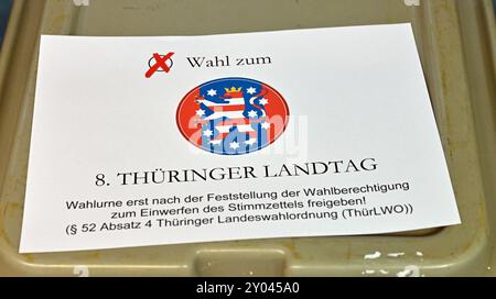 Erfurt, Deutschland. September 2024. Eine Wahlstation in der Erfurter Innenstadt. Die Landtagswahl in Thüringen findet am Sonntag statt. Quelle: Martin Schutt/dpa/Alamy Live News Stockfoto