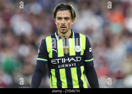 London, Großbritannien. September 2024. Jack Grealish von Manchester City während des Premier League-Spiels West Ham United gegen Manchester City im London Stadium, London, Vereinigtes Königreich, 31. August 2024 (Foto: Mark Cosgrove/News Images) in London, Vereinigtes Königreich am 1. September 2024. (Foto: Mark Cosgrove/News Images/SIPA USA) Credit: SIPA USA/Alamy Live News Stockfoto