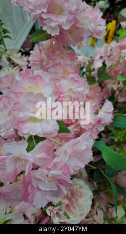 Seidenblumen verschiedene Farben Blumen Hintergrund Wand mit rosa Stoff. Stockfoto