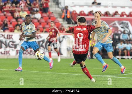 Harrison, USA. 31. August 2024. Lewis Morgan (9) von Red Bulls kontrolliert den Ball während des regulären Saisonspiels der MLS gegen Philadelphia Union in der Red Bull Arena in Harrison, NJ Philadelphia gewann 2:0. Quelle: SIPA USA/Alamy Live News Stockfoto