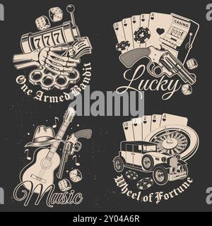 Set aus Gangsta-Design. Vintage-Druck, Logo, Badge-Design mit Retro-Auto, Poker-Spielkarte, Casino-Chips, Spielautomaten, zwei Würfel, Achsschenkel, Pistole und Stock Vektor