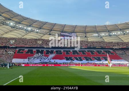 Stuttgart, Deutschland. 31. August 2024. Fanchoreographie der Stuttgarter Fans, Fußballfans in der Cannstatter Kurve, Ultras. Transparent. Fußball 1. Bundesligasaison 2024/2025, 2. Spieltag, Spieltag02 VfB Stuttgart - 1.FSV FSV Mainz 05 3-3 am 31. August 2024, MHP ARENA. ? Quelle: dpa/Alamy Live News Stockfoto