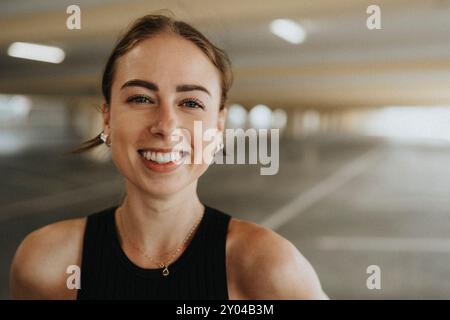 Porträt einer glücklichen jungen Frau in schwarzem ärmellosem Casual im Parkhaus Stockfoto