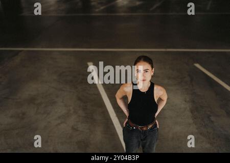 Hochwinkelansicht einer jungen Frau in schwarzen Casuals, die mit Händen an der Hüfte im Parkhaus steht Stockfoto