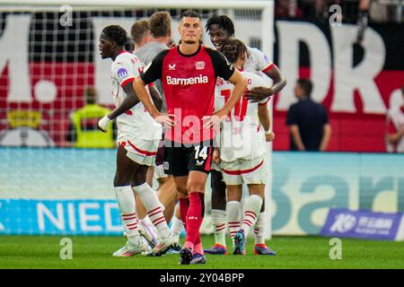 Leverkusen, Deutschland. 31. August 2024. Patrik Schick von Bayer 04 Leverkusen sieht beim Bundesliga-Spiel zwischen Bayer 04 Leverkusen und RB Leipzig am 31. August 2024 in der BayArena in Leverkusen niedergeschlagen aus. (Foto: Rene Nijhuis) Credit: René Nijhuis/Alamy Live News Stockfoto