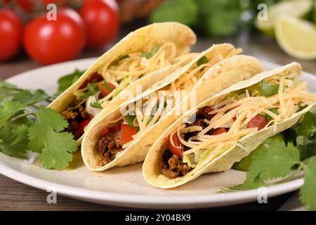 Taco mit Hackfleisch und Avocado, Kohl und Käse. Mexikanische Küche. Stockfoto