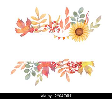 Horizontaler Herbstblattrahmen mit vogelbeeren, Hüftrosen, Sonnenblumen und Girlande. Aquarellabbildung. Handgezeichnete botanische Kunst. Hintergrund für Inv Stockfoto