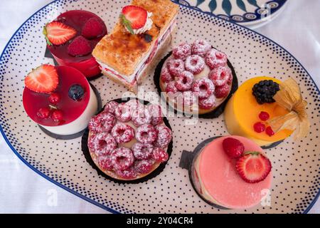 Auswahl an Desserts und Kuchen mit Sommerfrüchten Himbeeren, Erdbeeren, Mango und Schokolade Stockfoto