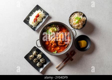 Geschmorte, scharfe Hähnchensuppe, koreanisches Essen, Suppe, Hähnchenfüße, Hähncheneintopf, Pfannenbraten, Schweinefleisch, Knorpel Stockfoto
