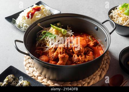 Geschmorte, scharfe Hähnchensuppe, koreanisches Essen, Suppe, Hähnchenfüße, Hähncheneintopf, Pfannenbraten, Schweinefleisch, Knorpel Stockfoto