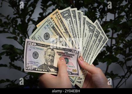Shanghai, China. 31. August 2024. In dieser Abbildung hält eine Person einige Dollarscheine in der Hand. Quelle: SOPA Images Limited/Alamy Live News Stockfoto