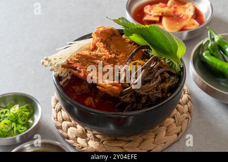 Koreanisches Essen, Gamjatang, Knochenkater-Suppe, Erdtopf, Schweinefleisch-Rückgrat, perilla-Blätter, Beilagen, Stockfoto