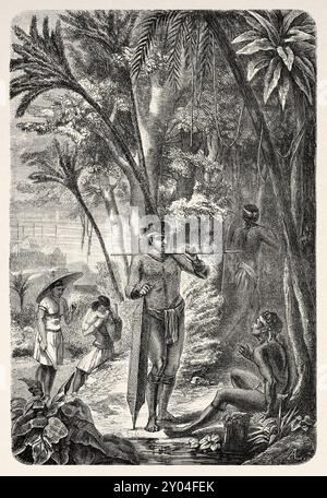 Dyaks Leute n typisches Kleid. Borneo Island, Malaysia, Zeichnung von Auguste Lancon (1836–1887) Reise zur Insel Borneo, 1847 von Carl Schwaner (1817–1851) Le Tour du Monde 1862 Stockfoto