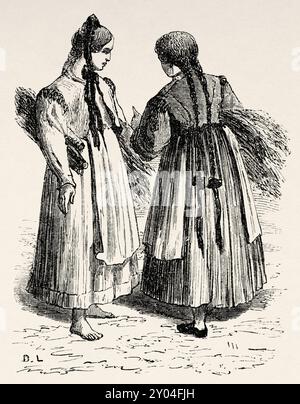 Wurtembergeois et Wurtembergeoises in Tracht gekleidet, Baden-Wurtemberg, Deutschland. Zeichnung von Dieudonne Lancelot (1823 - 1895) Reise von Paris nach Bukarest 1860, von Victor Duruy (1811 - 1894) Le Tour du Monde 1862 Stockfoto