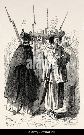 Mexikanische Soldaten des 19. Jahrhunderts in typischen Kostümen der Zeit gekleidet, Mexiko-Stadt, Zeichnung von Edouard Riou (1833–1900) Travel in Mexico, 1854-1855 von Ernest Vigneaux. Le Tour du Monde 1862 Stockfoto