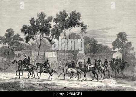 Burke and Wills Expedition startet vom Royal Park, Melbourne, um das Innere Australiens zu erkunden. Am 28. Juni 1861 starben beide Männer auf der Rückfahrt vom Flinders River an Hunger. Le Tour du Monde 1862 Stockfoto