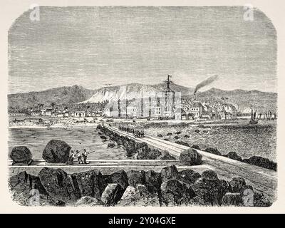Alte Aussicht auf den Hafen von Saint-Pierre, Insel Réunion. Westlicher Indischer Ozean, Zeichnung von Emile Therond (1821-1883) Journey to Reunion Island, 1861 von Louis Laurent Simonin (1830-1886) Le Tour du Monde 1862 Stockfoto