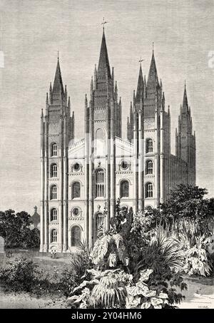 Fassade des Mormonentempels in Salt Lake City, Vereinigte Staaten von Amerika, Zeichnung von Emile Therond (182-1883) Journey to the City of Saints, 1860. Hauptstadt des Landes der Mormonen von Richard Francis Burton (1821–1890) Le Tour du Monde 1862 Stockfoto