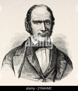 Der Vizepräsident der Mormonen Heber Chase Kimball (1801–1868) war ein Führer der frühen Bewegung der Heiligen der Letzten Tage. Er diente als einer der ursprünglichen zwölf Apostel in der frühen Kirche der Heiligen der Letzten Tage und als erster Ratgeber von Brigham Young in der Ersten Präsidentschaft der Kirche Jesu Christi der Heiligen der Letzten Tage. Vereinigte Staaten von Amerika, Zeichnung von Francois Fortune Ferogio (1805–1888) Journey to the City of Saints, 1860. Hauptstadt des Landes der Mormonen von Richard Francis Burton (1821–1890) Le Tour du Monde 1862 Stockfoto