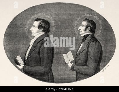 Porträts des Propheten Joseph Smith (1805–1844), des Begründers des Mormonismus, und seines Bruders Hyrum Smith (1800–1844) Vereinigte Staaten von Amerika nach Zeichnung von Charles-Joseph Mettais. Reise in die Stadt der Heiligen, 1860. Hauptstadt des Landes der Mormonen von Richard Francis Burton (1821–1890) Le Tour du Monde 1862 Stockfoto