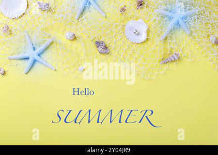 Sommer flatlay, Muscheln und Fischen net auf gelben Hintergrund, Kopie Raum Stockfoto