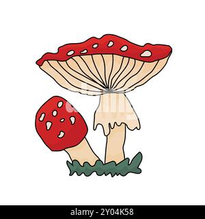 Herbst-Cartoon-Amanita-Doodle-Pilz. Paar Vektorpilz Fliege Agarpilz Illustration auf einem weißen Hintergrund Stock Vektor